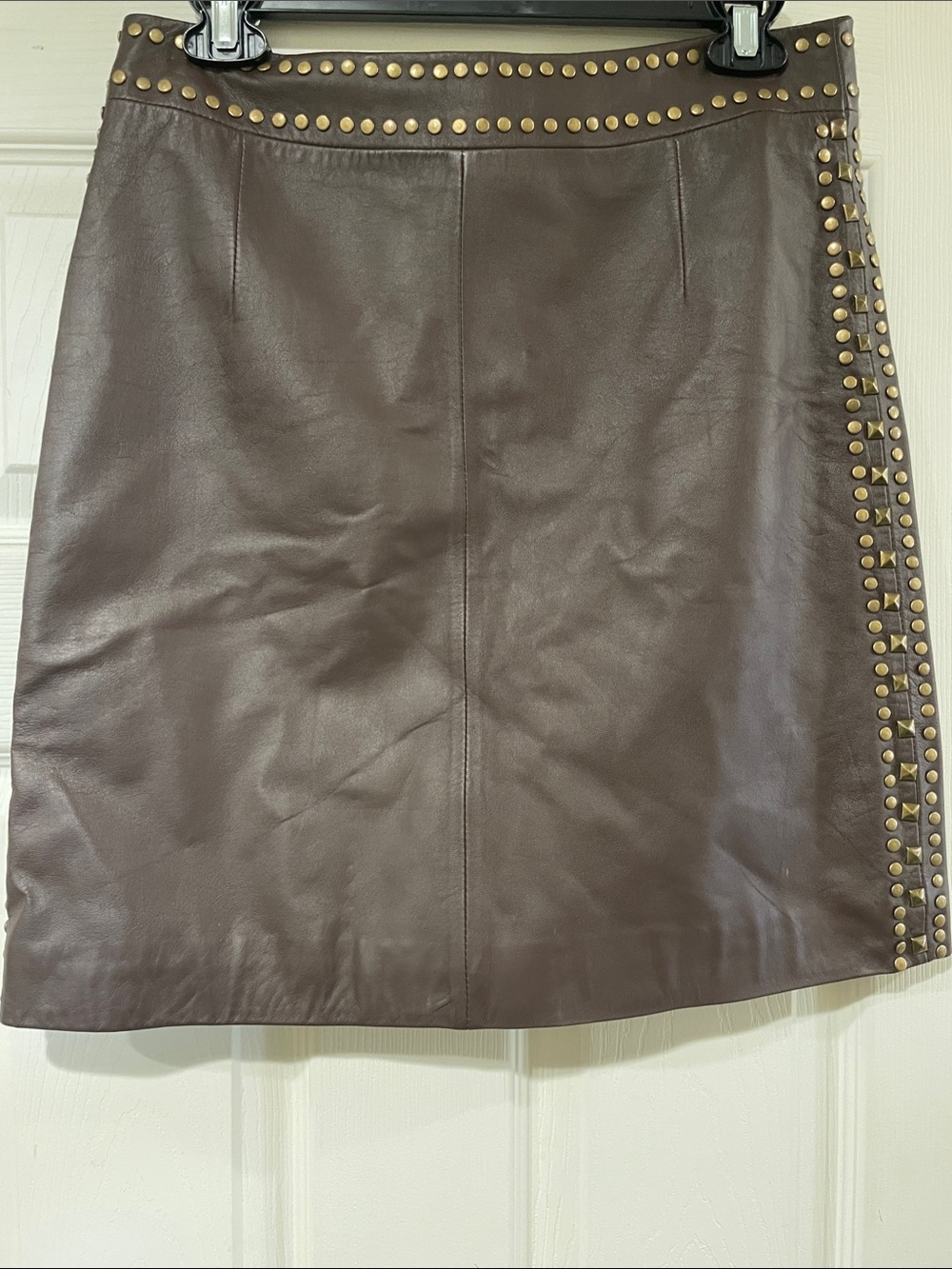 In Suede Brown Leather Mini Skirt with Gold Stud Trim